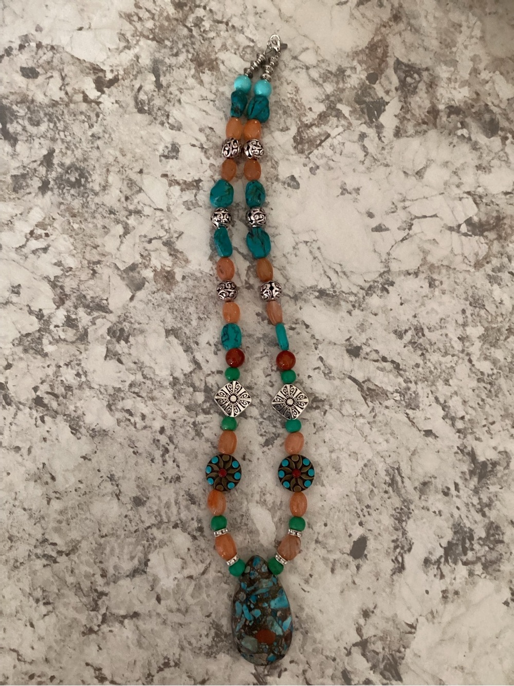 Artisan Handcrafted Turquoise & Orange Beaded Pendant Necklace - Picture 6 of 10